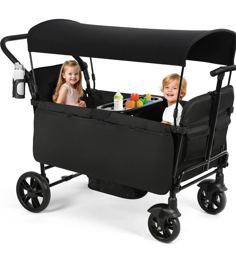 Vomeast Wagon Stroller for Kids, Spacious 2-Seater Stroller Wagon with Adjustable Canopy, Pull & Push Handle, 5-Point Harness, Foldable for Toddlers, Black