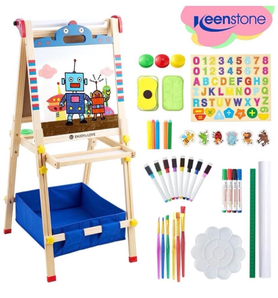 keenstone robot art easel for kids, learning-toy for 3,4,5,6,7,8 years old boy&girls, wooden chalkboard&magnetic whiteboard&painting paper stand, gift&art supplies for toddler