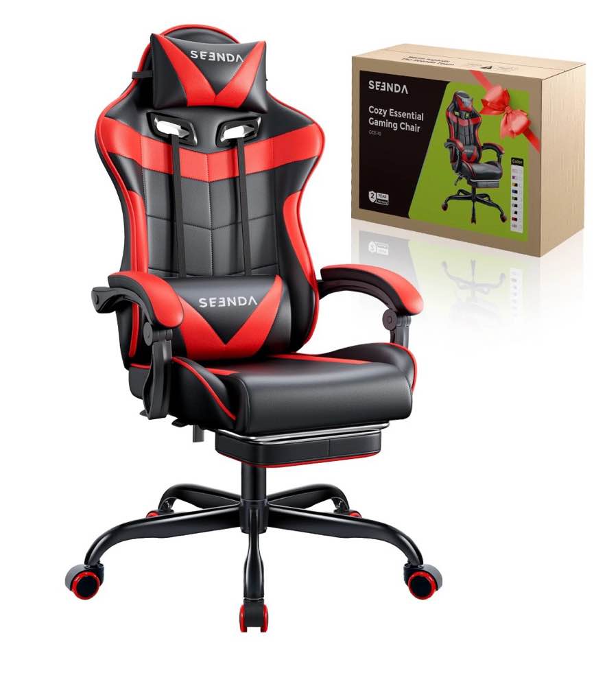 Gaming Chair, Seenda Video Game Chair with Footrest and Lumbar Support, Ergonomic Computer Chair Height Adjustable with Swivel Seat and Headrest, Red
