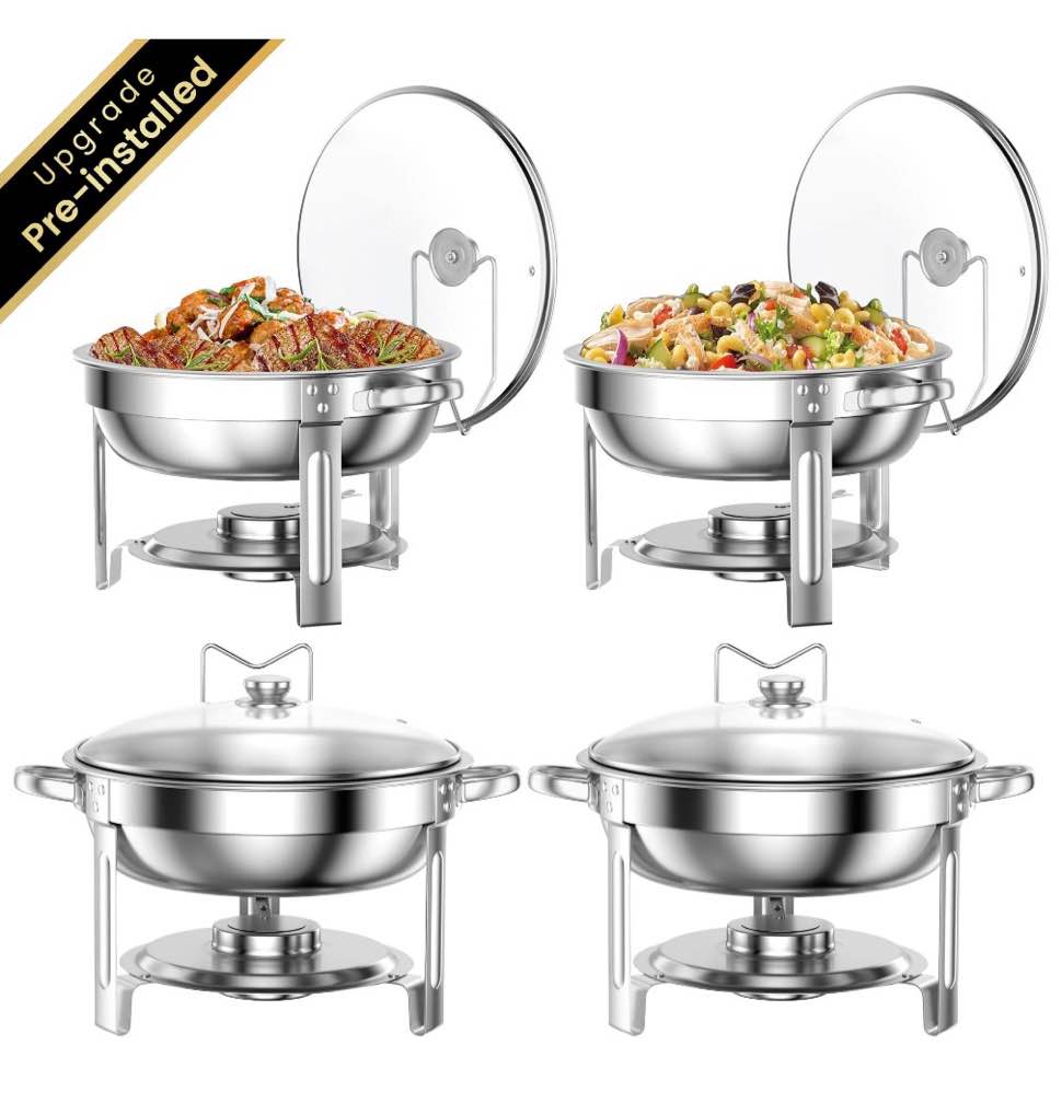 Chafing Dish Buffet Set 4 Pack  TINANA 5QT Stainless Steel Chafing Dishes for Buffet with Glass Lid & Lid Holder  Round Chafers and Buffet Warmers Sets for Parties  Events  Wedding  Camping  Dinner