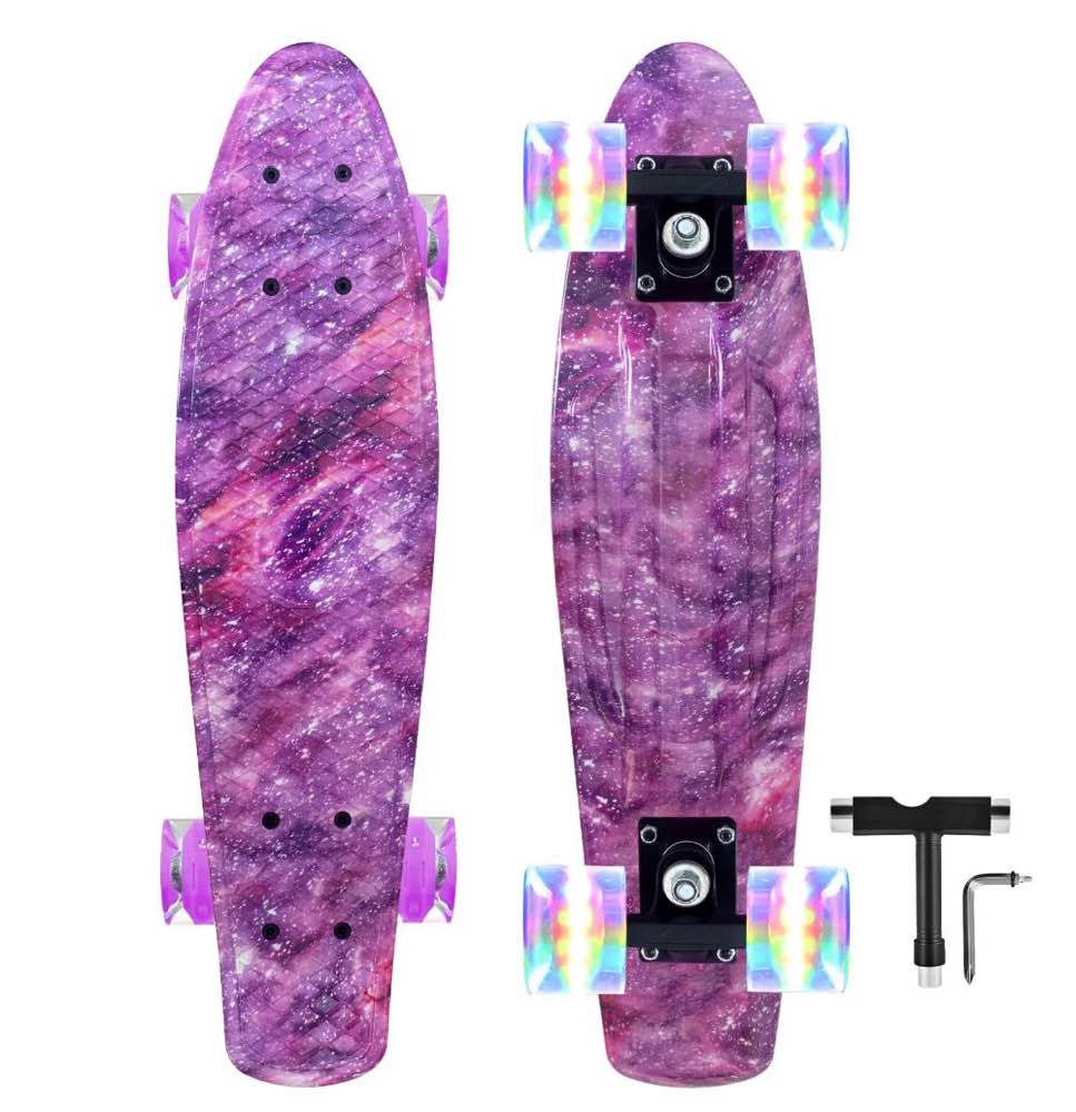 Mammygol Skateboards 22 Inch Mini Cruiser Cool Skateboard Complete Retro Skate Boards with Colorful Light Up Wheels for Kids Girls Boys Beginners(Purple)
