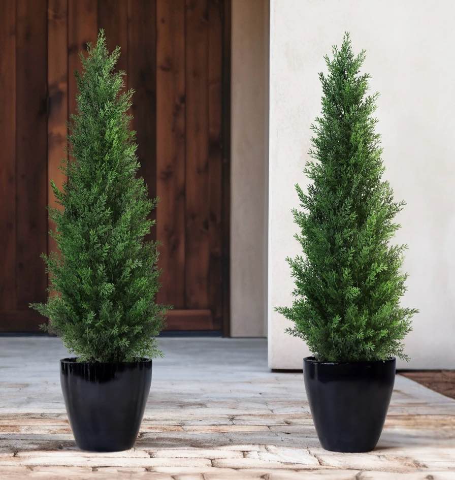 Artificial Cedar Tree 2 Pack 3 ft Outdoor Artificial Topiary Cedar Plants Fake Tree UV Rated Potted Plants for Porch Decor Faux Pine Tree for Perfect Housewarming Gift