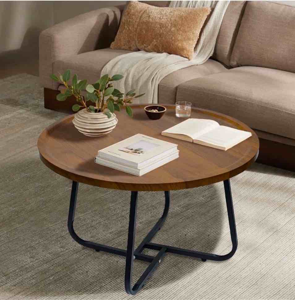 cerbior vintage modern small round coffee table, living room centerpiece, wooden surface top & sturdy metal legs, minimalist display side table