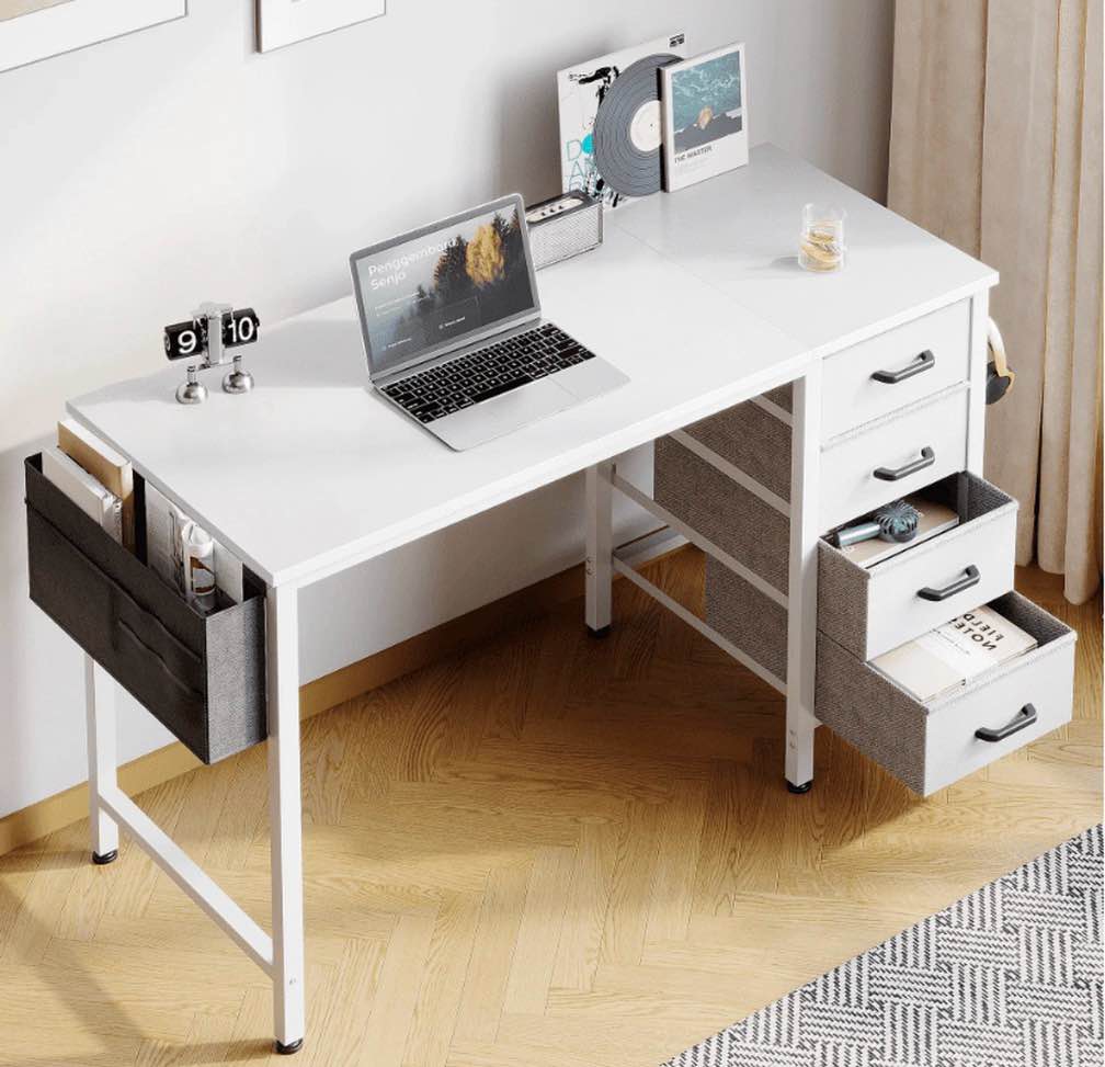 casacomoda computer desk with 4 storage drawers , writing desk with headphone hook & bag for home office, study/work table for bedroom and small space, white