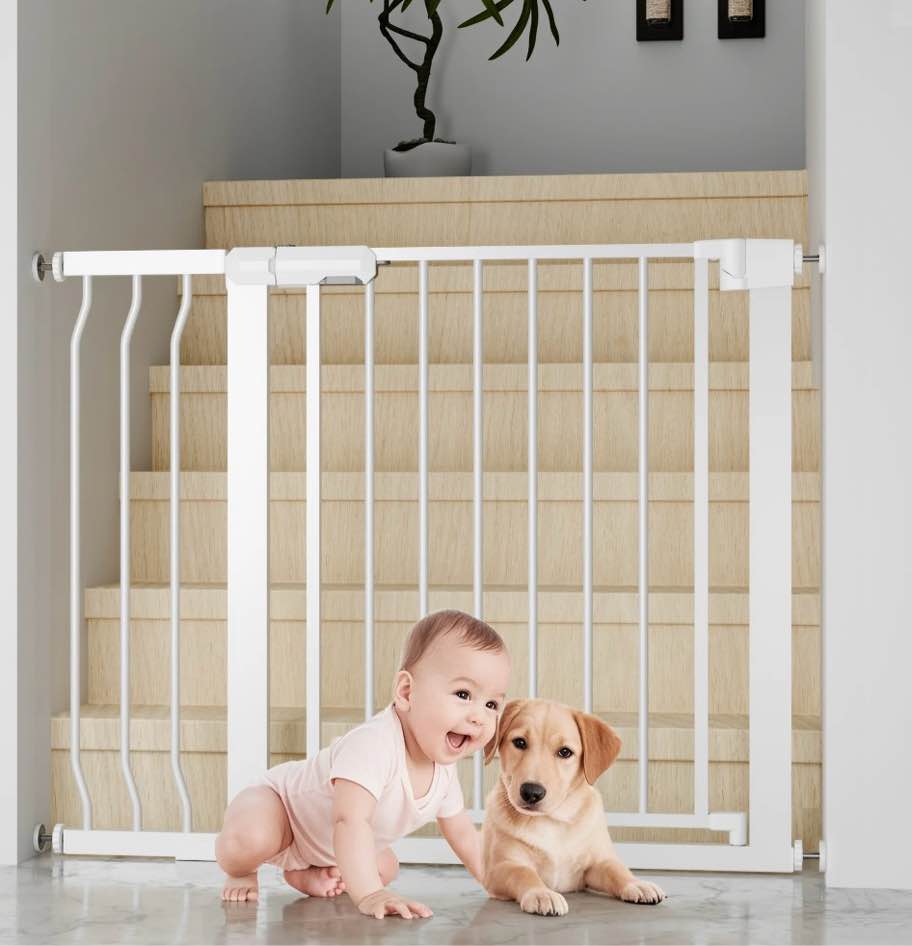 vomeast 36in extra tall baby safety gate,29.93- 48.8in extra wide metal dog gates for stair and doorways,pressure mounted,white