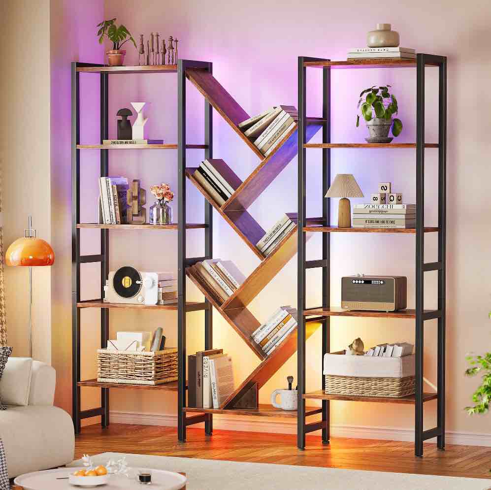 triple 5-tier bookshelf with led lights for living room, 17 open shelves large bookcase with app control rgb light strip, modern tree design storage shelf with metal frame, vintage