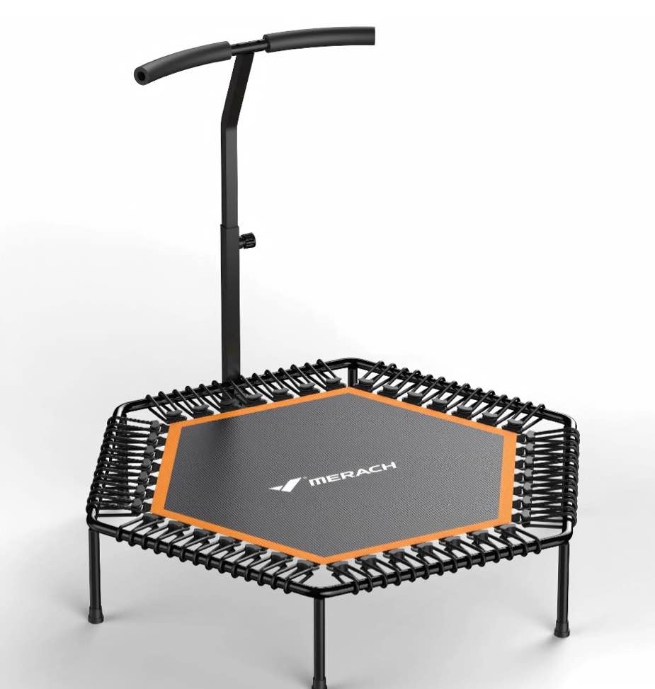 merach 450 lbs mini trampoline, 50" fitness trampoline with silent bungees, stable & quiet exercise rebounder for kids/adults