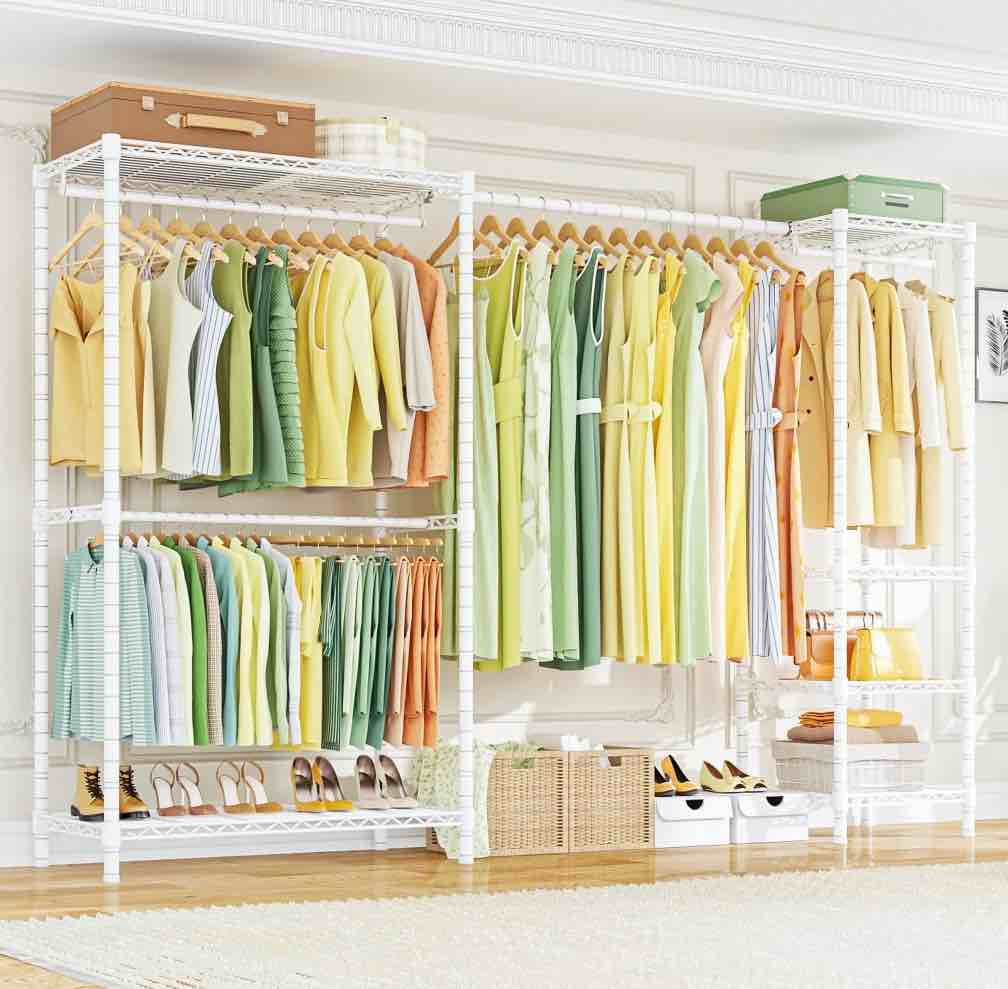 ulif e10 clothes rack?with stretchable hanger rod?freestanding clothing racks for hanging clothes?portable garment rack 800lbs?white