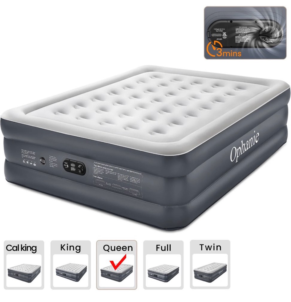ophanie queen air mattress, 18-inch elevated inflatable bed with built-in pump, puncture-resistant, quick inflation/deflation, portable for camping & guests, dark gray