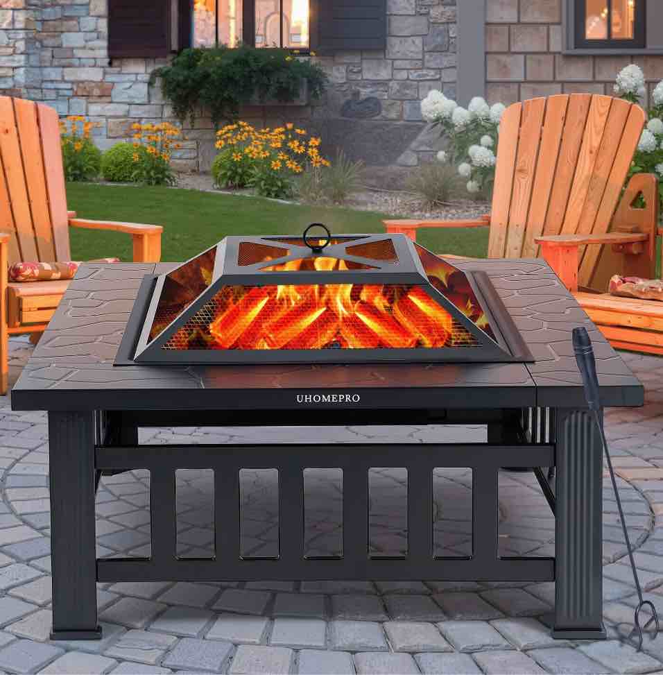 fire pits for outside, 32" wood burning fire pit tables with screen lid, poker, bbq net, ice tray, food clip and cover, backyard patio garden outdoor fire pit/ice pit/bbq fire pit, black