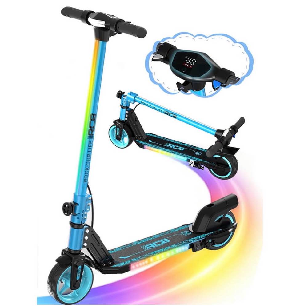RCB Electric Scooter for Kids,Max Speed 9.3 mph,6.5 Miles Range,Rainbow LED Lights&Display,Foldable&Portable,Blue