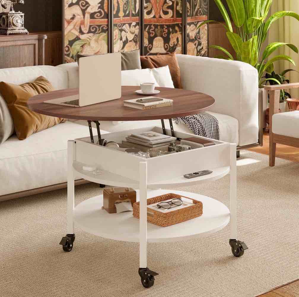 gunaito round small lift top coffee table on wheels with storage, modern farmhouse center table with shelf small circle table for living room, white