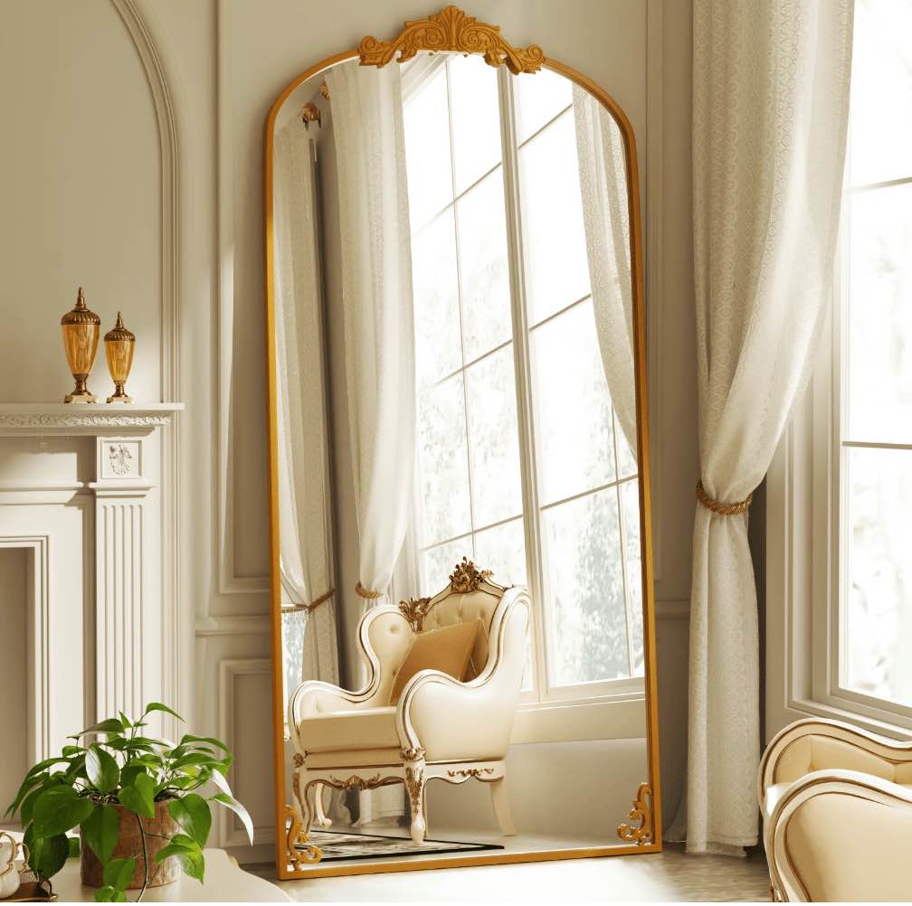 antok 71"x28" vintage arched full-length mirror with carved metal frame, baroque-style floor mirror for living room, bedroom, entryway or hallway decor, gold 