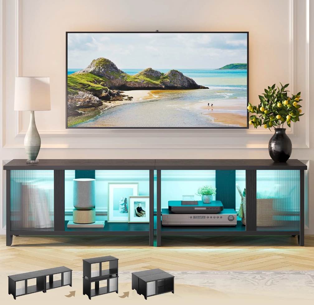 pinmoco led tv stand for tvs up to 65'', expandable side by side or stacking tv stand with storage, black