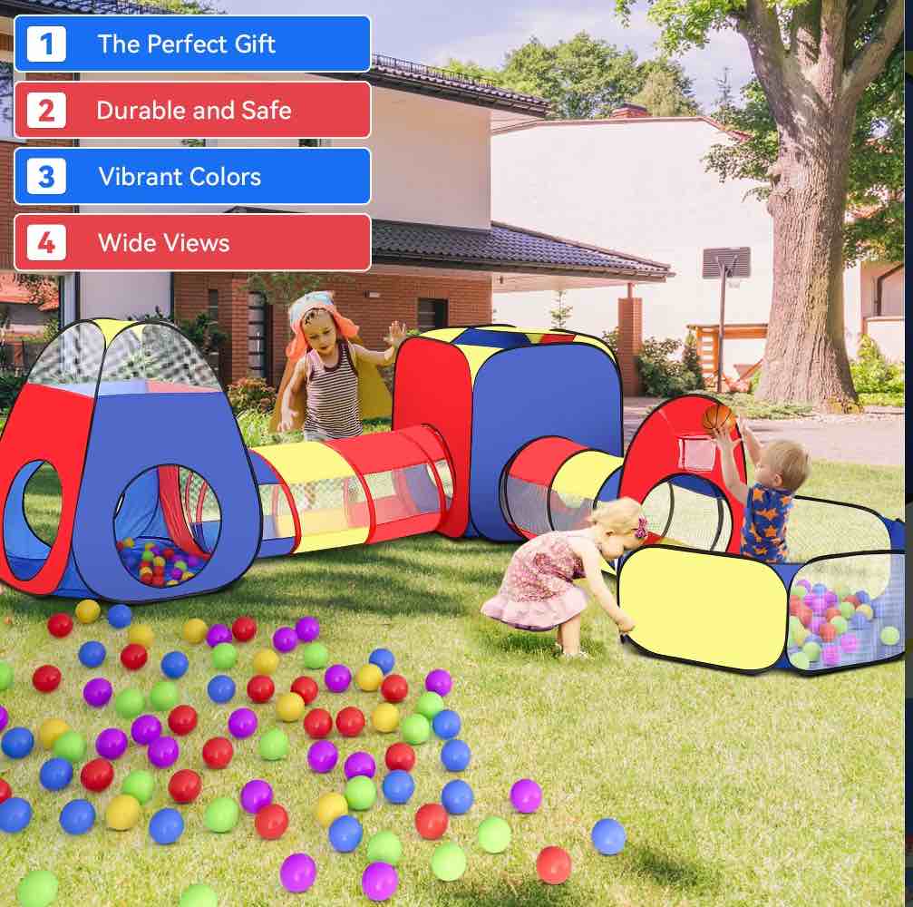 yexmas 5 in 1 kids play tent and tunnels - ball pit for toddlers, basketball hoop, 2 crawl tunnels, 2pop-up playhouses tent set for boys girls kids(no ball)