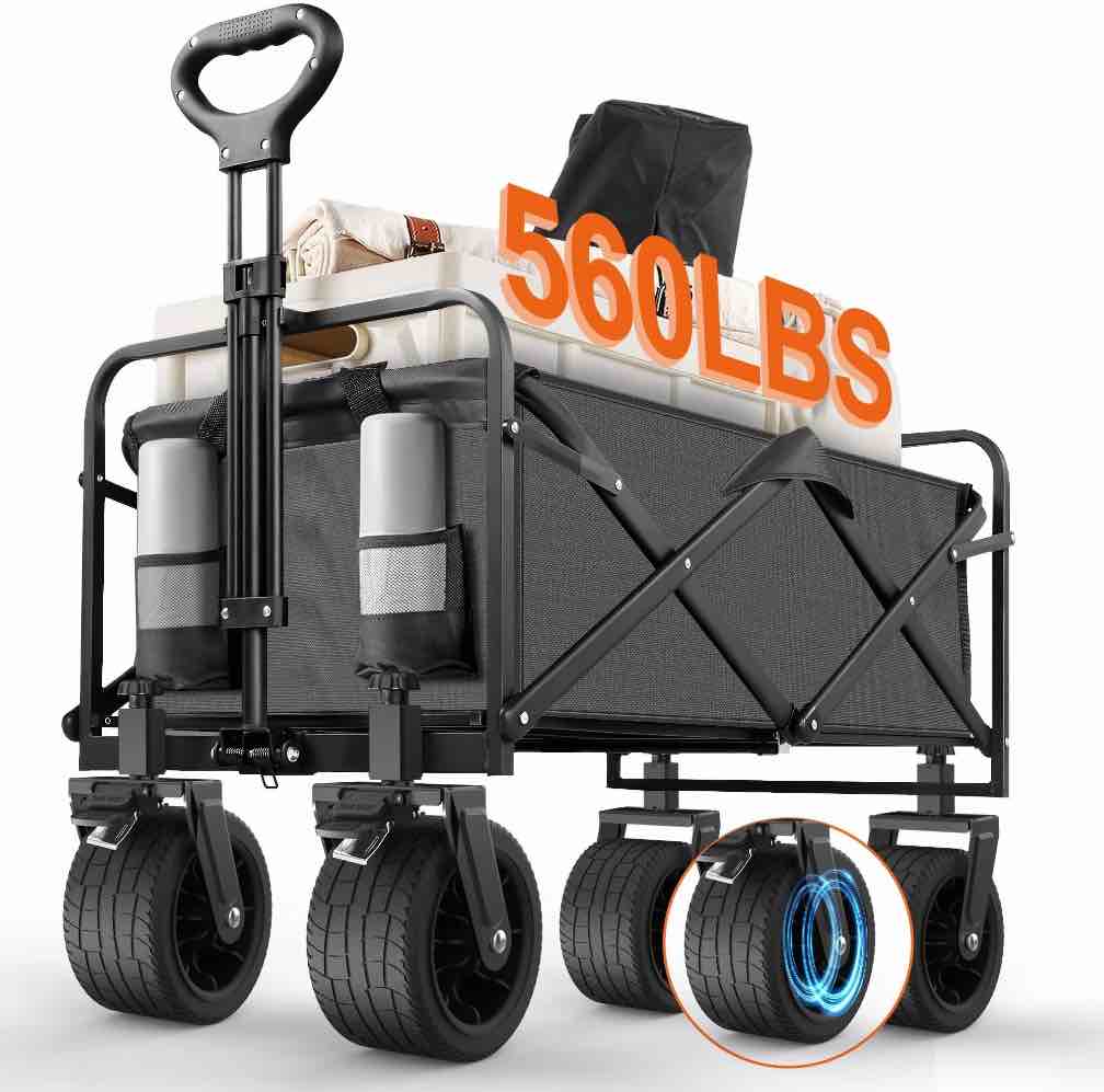 560lbs large collapsible garden cart with brakes, qunler folding utility wagon with big wheels for camping, grocery, grey