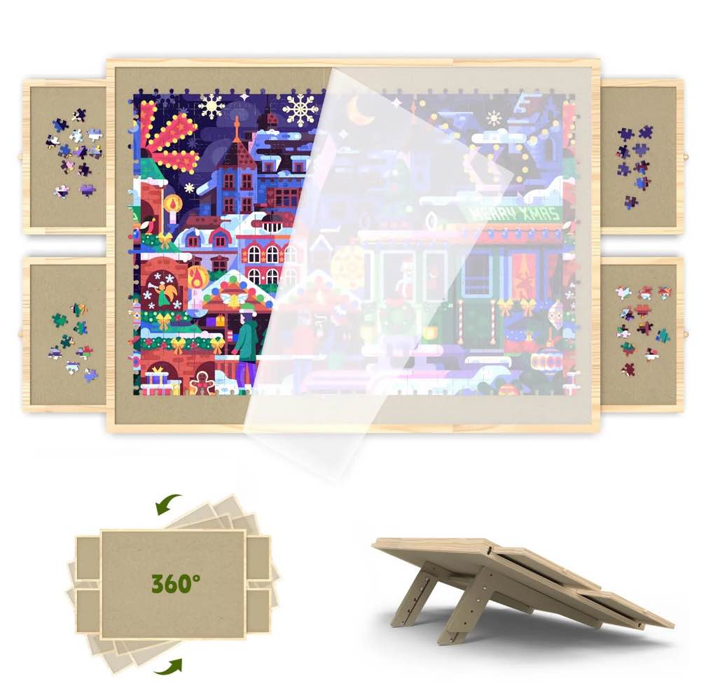 1500 piece puzzle board with drawers and cover, adjustable tilting puzzle board, portable wooden jigsaw puzzle table for adults as a gift