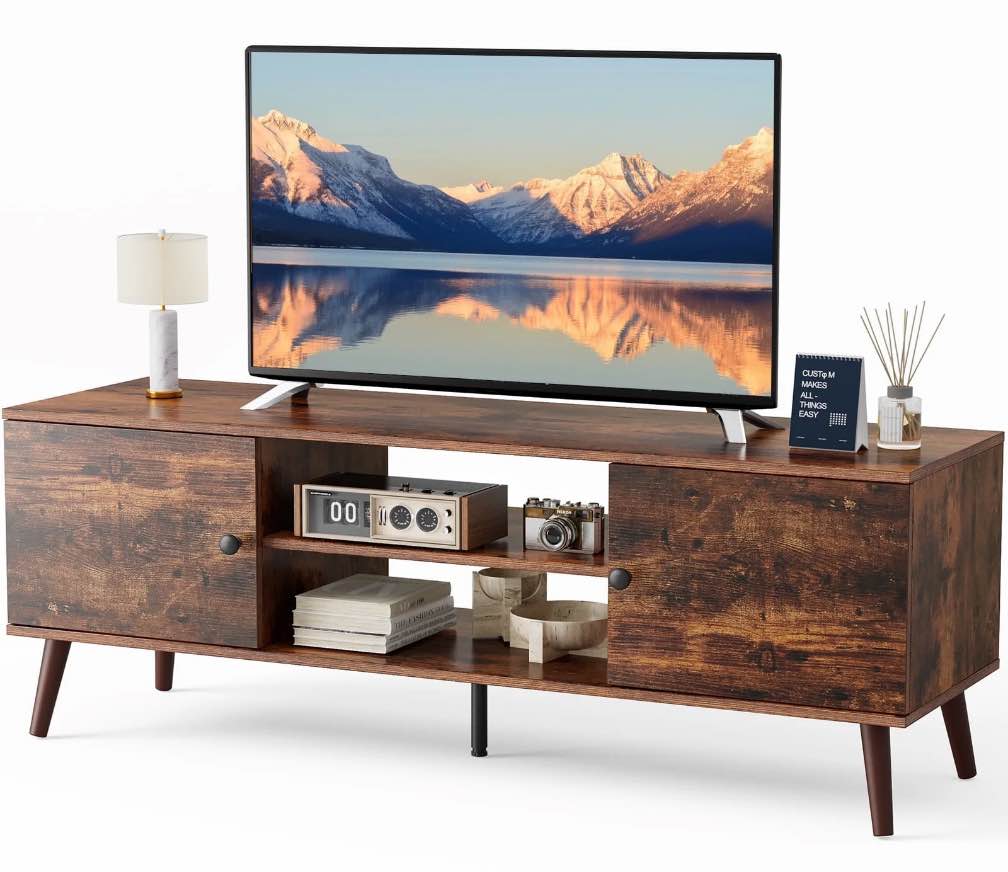 edx modern tv stand for 55-60 inch tv, mid century entertainment centre, media console table with storage for living room, office, brown