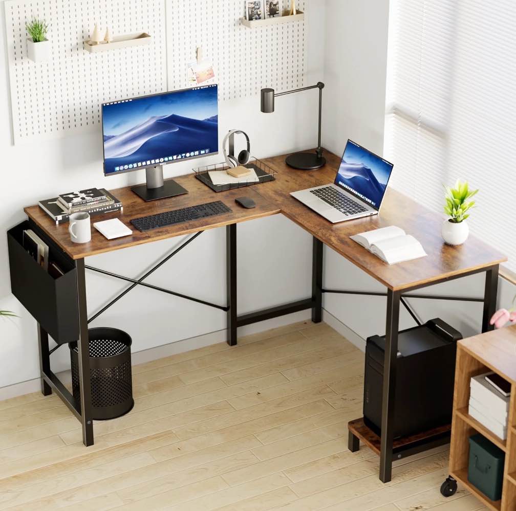 edx l shaped computer desk corner desk, gaming table 49 inch pc writing study desk for home office dorm small space, rust