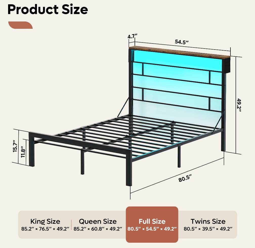 bestier full size bed frame with 49.2" high led storage headboard shelf, metal platform bed, black