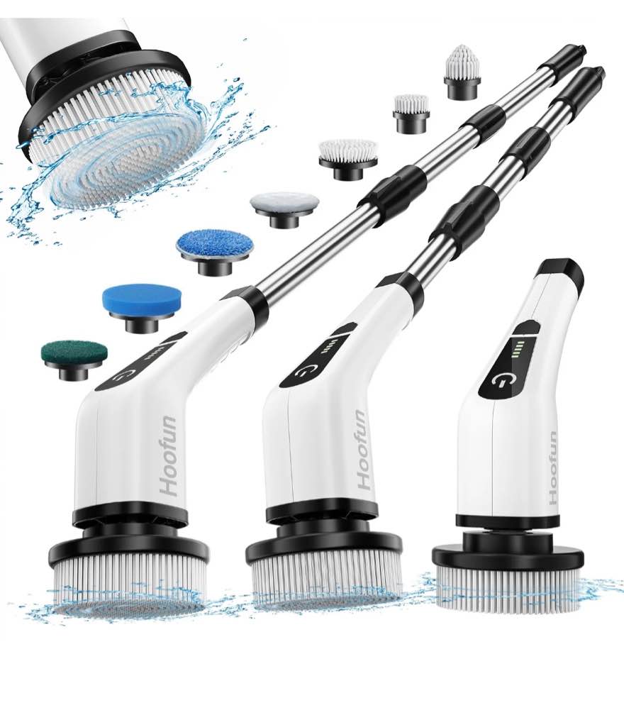 HOOFUN Electric Spin Scrubber, Cordless Bath Tub Power Scrubber with Long Handle & 7 Replaceable Heads, Detachable as Short Handle, Shower Cleaning Brush Household Tools for Bathroom & Tile Floor