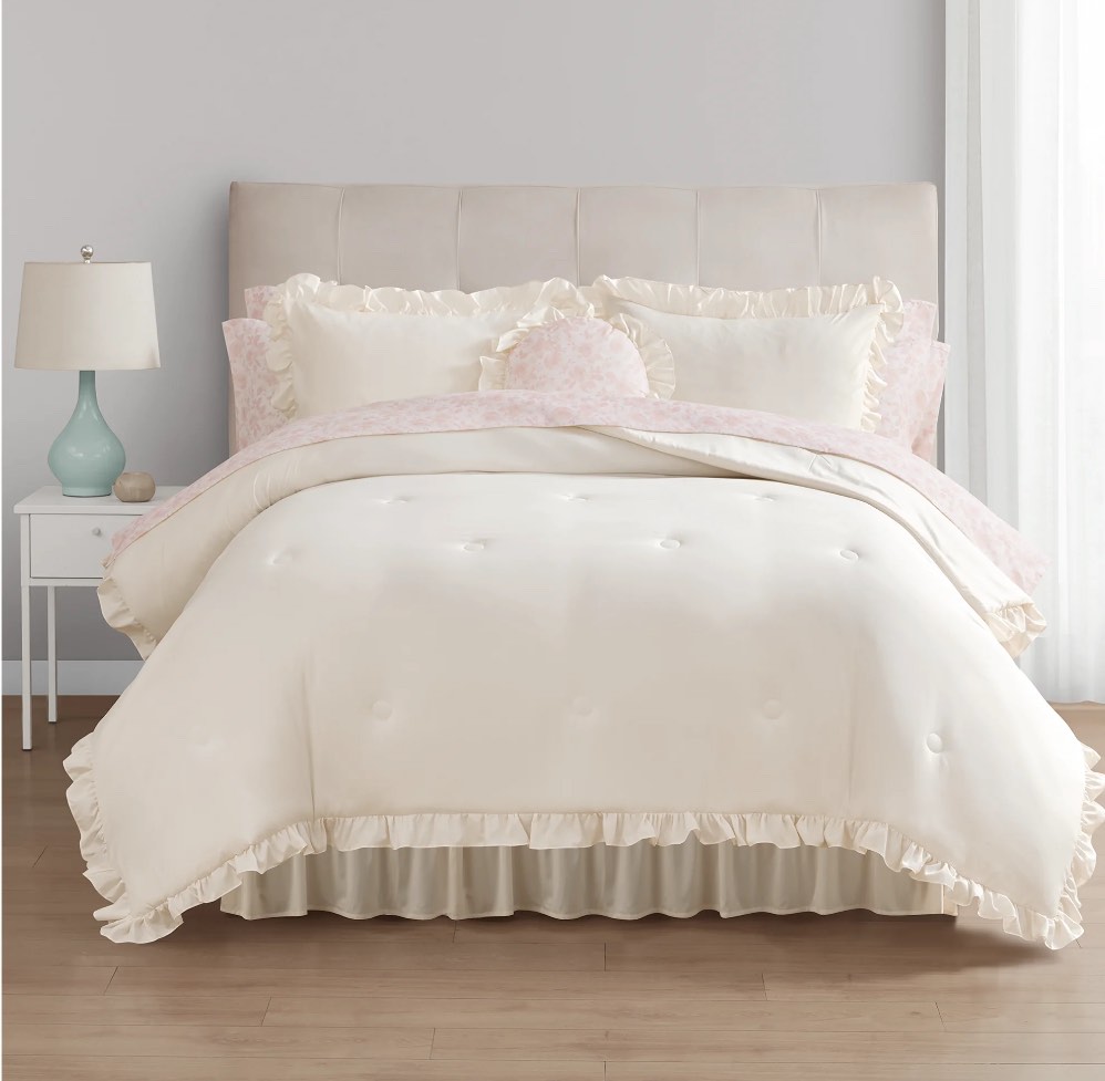Mainstays All in One Reversible Comforter and Sheet set- 11 Piece, Queen, Cream Ruffle