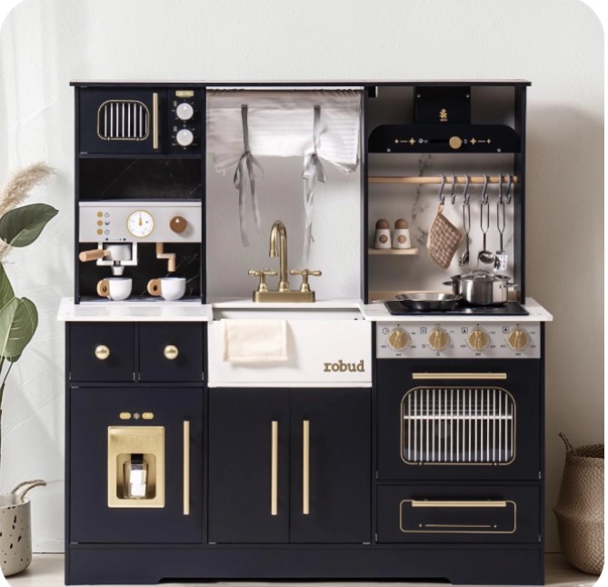 robud play kitchen, wooden kids playset with wash basin, ice maker, dishwasher, cookware accessories, microwave toy gift for boys girls age 3-12,black