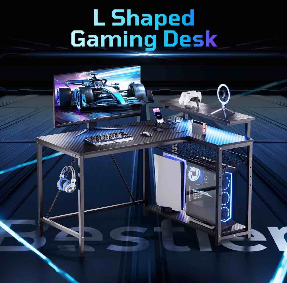 Bestier 42" Reversible L-Shaped Gaming Desk: Equipped with Power Outlets, LED Lights, Adjustable Shelves & Hooks for Small Spaces ,Bedrooms & Offices, Carbon Fiber Black