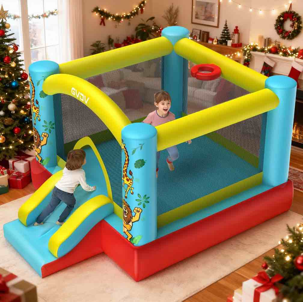 GVDV 9FT Inflatable Bounce House with Slide & 350W Blower, Jumping Castle Bouncer for 3 Kids, Indoor and Outdoor Use