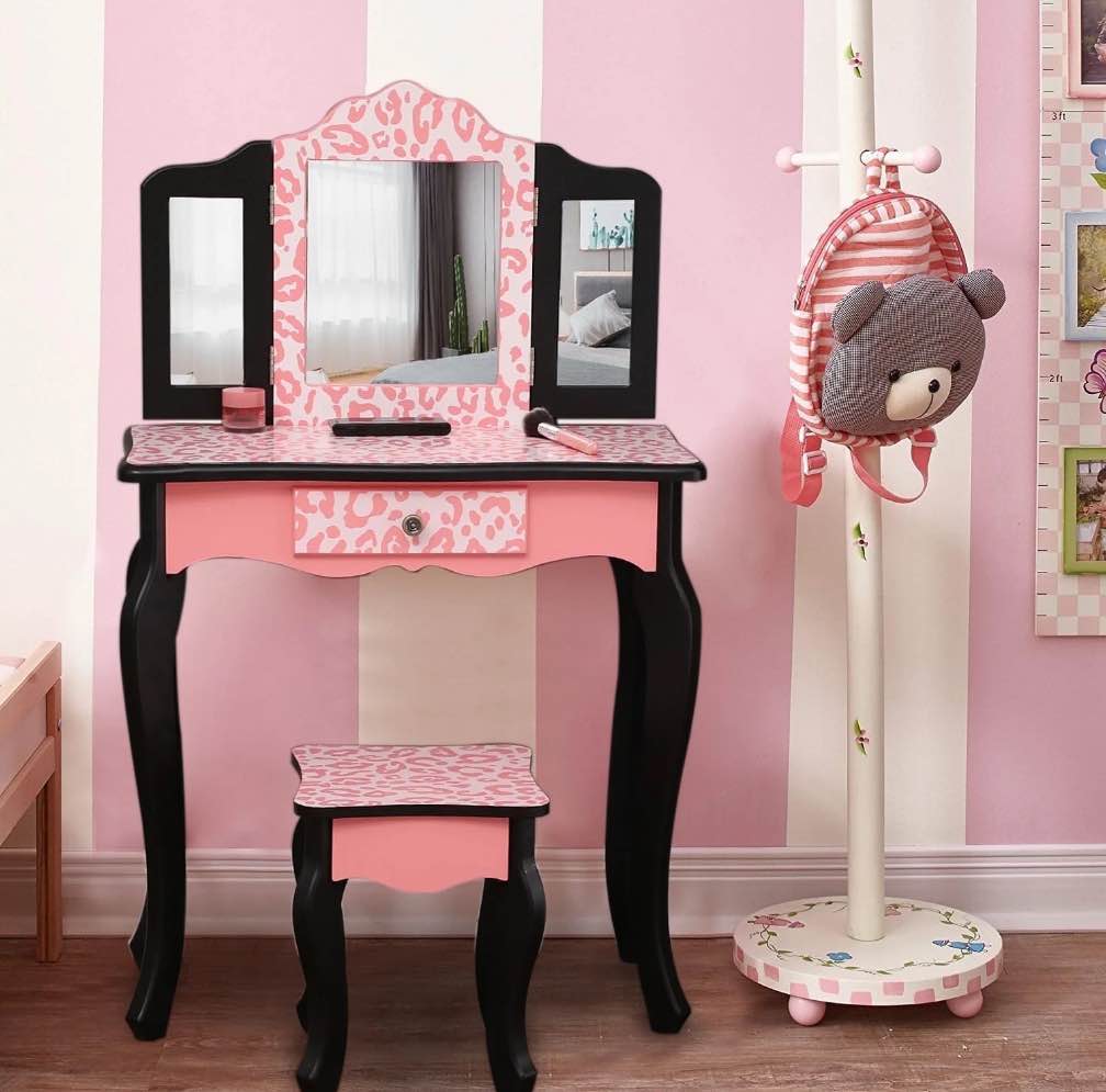 Ktaxon Kids  Wooden Vanity Table and Stool Set with 3 Mirrors  Princess Makeup Dressing Table Children s Furniture