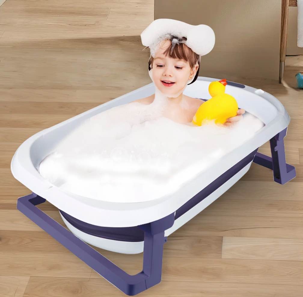 ANJORALA Folding Baby Bath Tub with Bath Seat  Portable Foldable Baby Bathtub for Infant and Newborn  Blue+Net