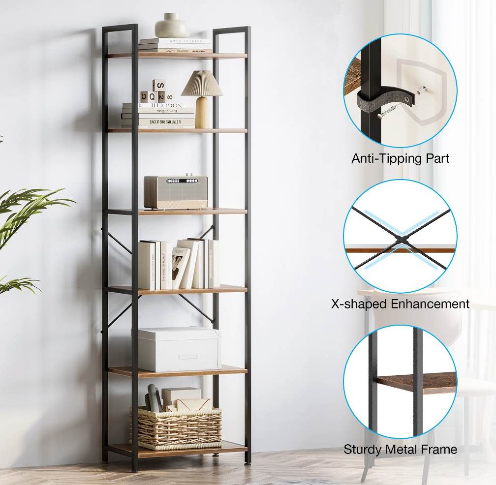Casacomoda Book Shelf Set of 2, 6 Tier Bookcase, Storage Shelf, Industrial Bookcase for CDs, Photos, Books, Modern Bookshelf for Home Office, Living Room, Kitchen, Bedroom, Rust Brown