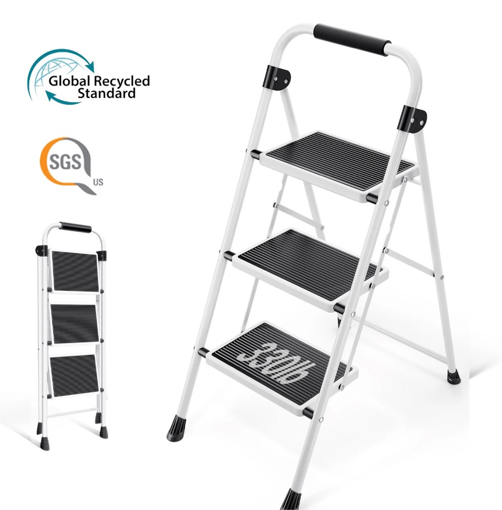 KINGRACK 3 Step Ladder  Folding Step Stool with Handrail & Steel Wide Anti-Slip Pedal and 330lb Capacity  White