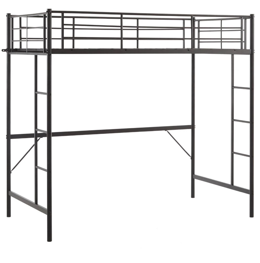 Zimtown Full Loft Bed with Stairs Metal Single Loft Bunk Bed with Safety Guard Rails & 2 Side Ladder, Black