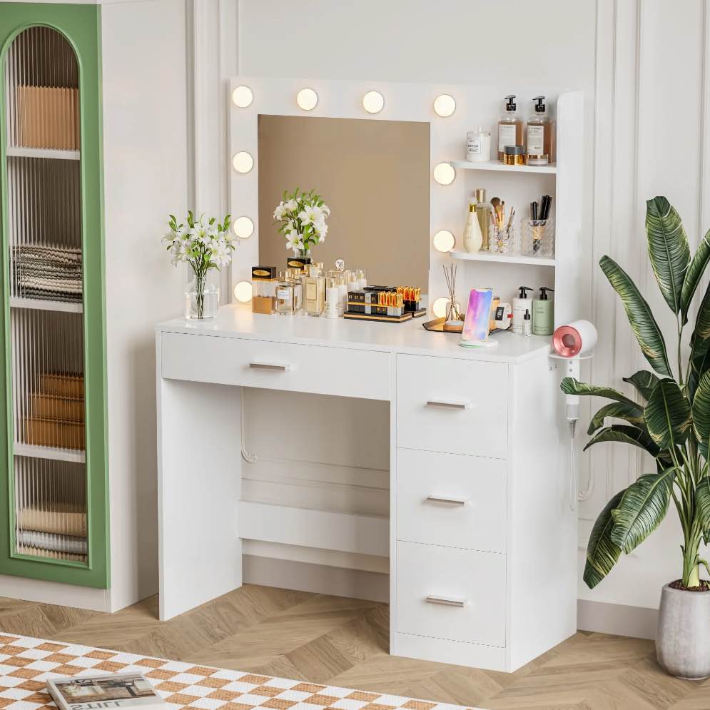 Furmax Vanity Desk with Lights and Mirror Makeup Vanity Table Set with Drawer and Power Outlet, White