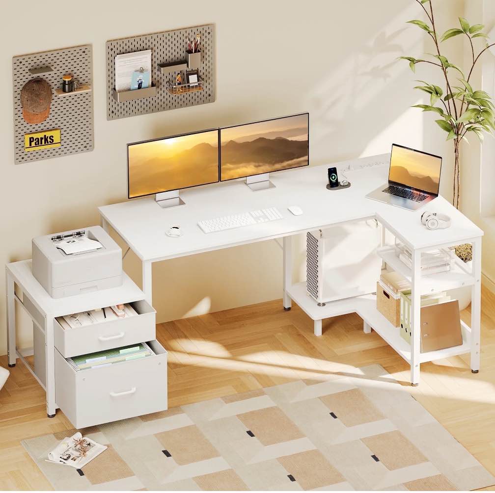 Casacomoda 63 Inch L Shaped Desk with Power Outlets, Large Computer Desk with File Drawer, Home Office Desk with Printer Stand & Storage Shelves, Corner Desk, White