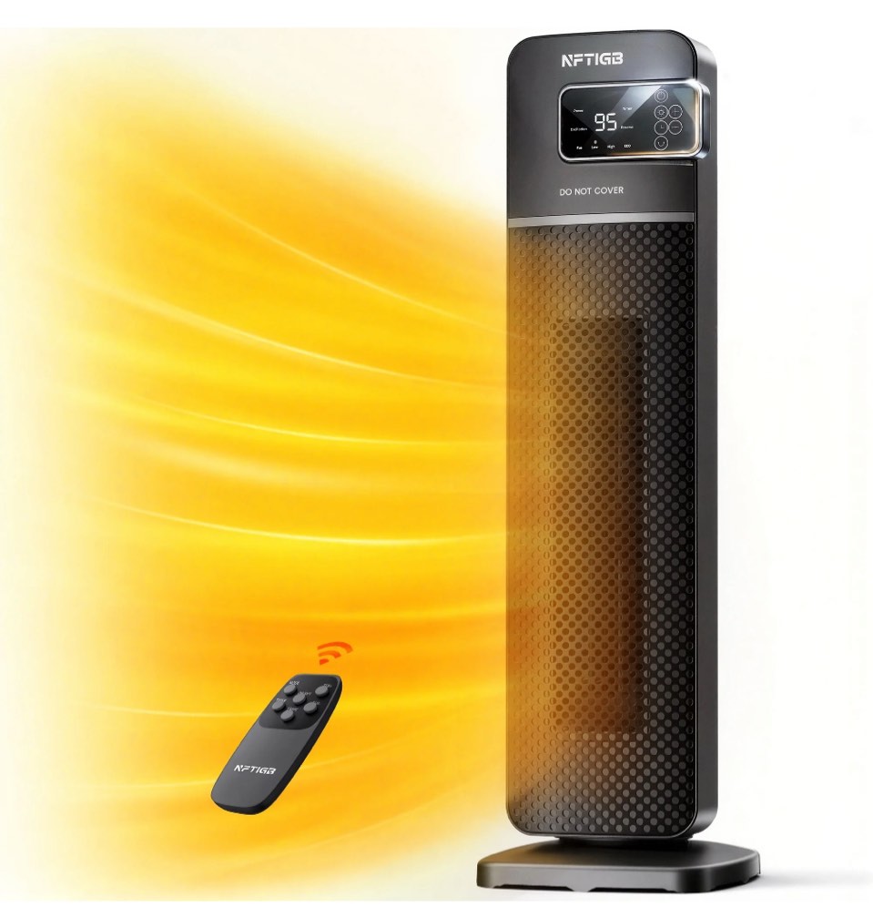 NFTIGB 24" Tower Heater, 1500W PTC Ceramic Electric Space Heater with Digital Thermostat, Remote, 70° Oscillation, ECO Mode and Safety Tip-Over Protection, Gray