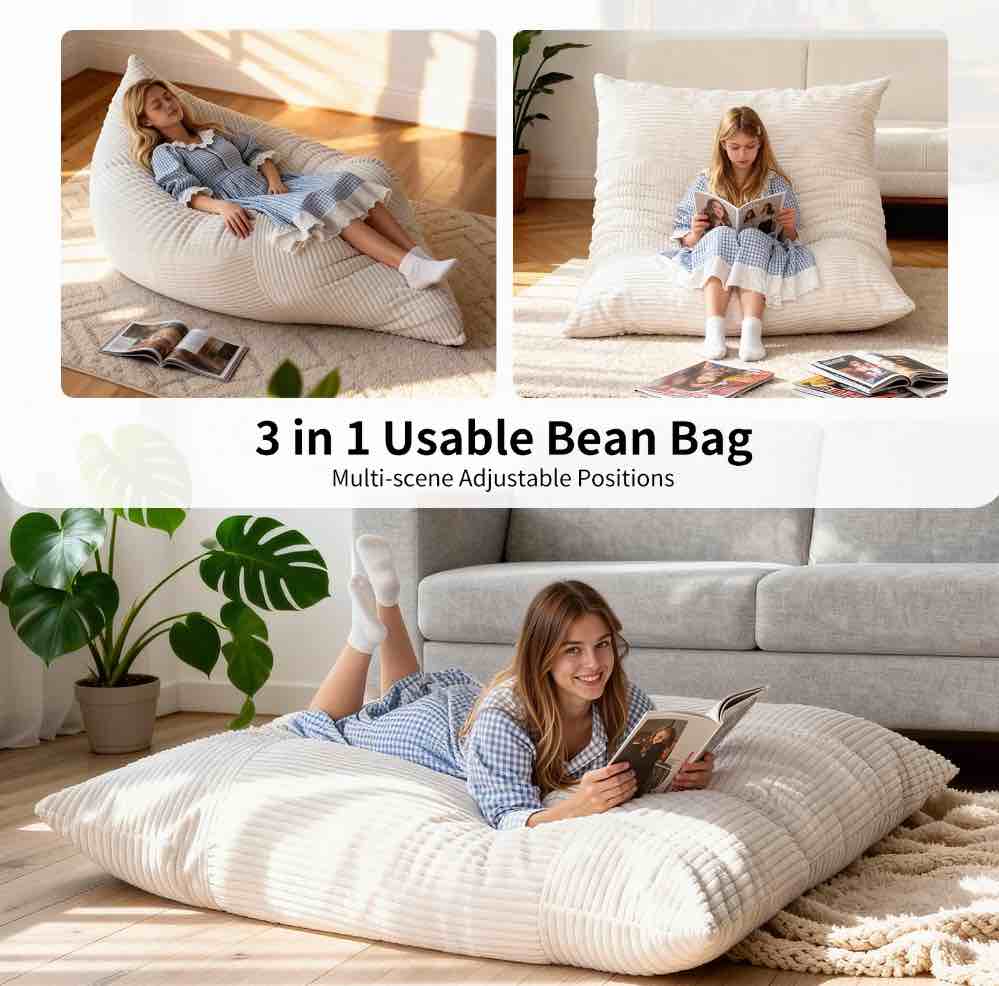 Nalone 4-in-1 Giant Bean Bag Chair for Kids Adults - 6.4 FT Memory Foam Filled Convertible Lounger, Large Floor Sofa Bed with Removable Washable Cover for Bedroom, Living Room, Office (White)