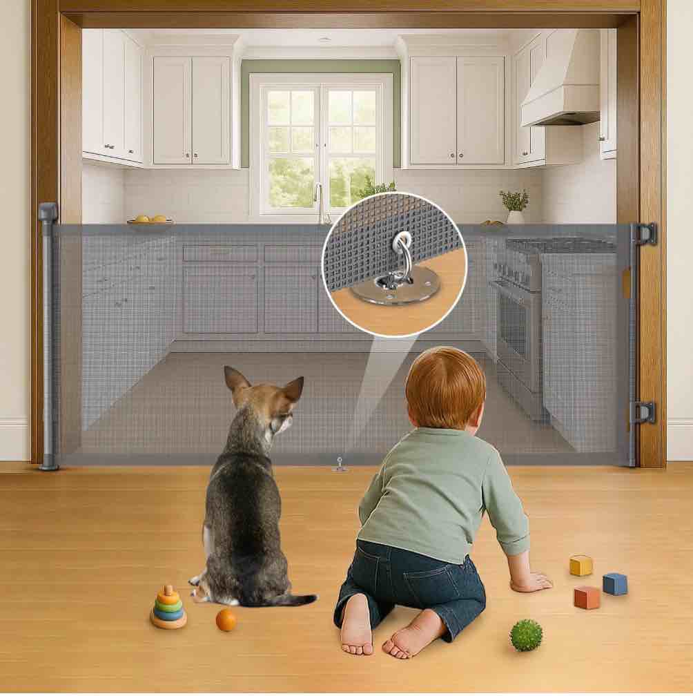 bebang retractable baby gate, 2 installation modes, 71" retractable dog gate for stairs, doorways, hallways, indoor and outdoor, gray