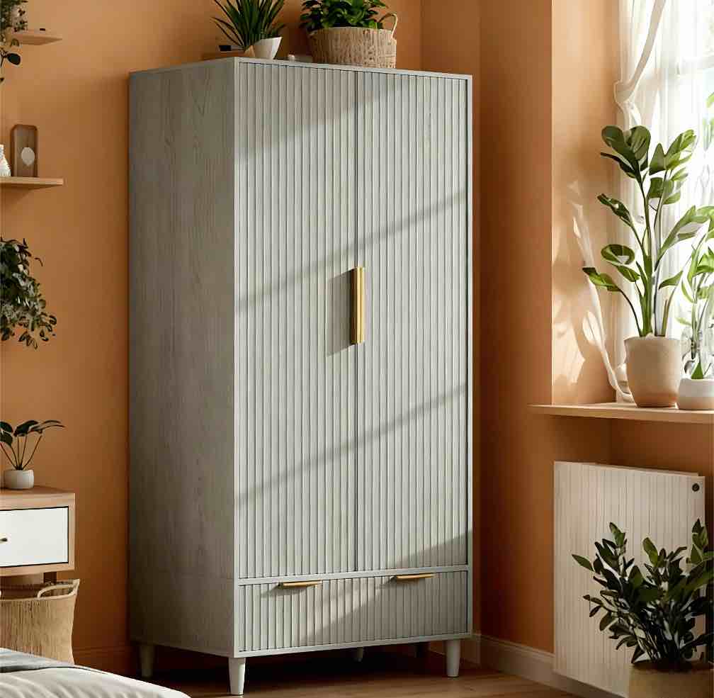 ktaxon fluted wardrobe closet armoire with hanging rod, modern drawer & shelf – elegant gray finish closet with wood handles, farmhouse to mid-century style
