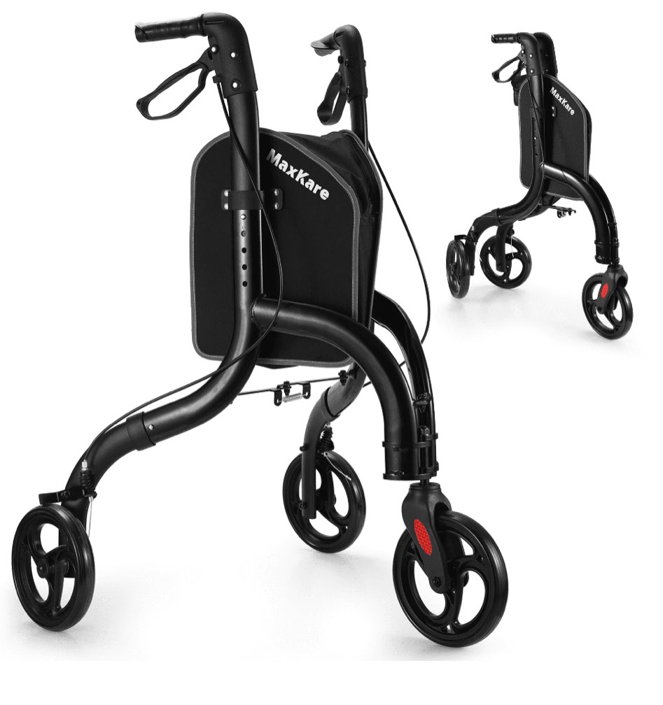 maxkare 3-wheel walker for seniors foldable rollator walker with 8'' wheel lightweight, 300lbs weight capacity, height adjustable, black