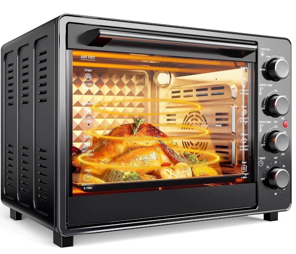 34 qt super-large  air fryer, oil-less air fryer toaster oven combo with pizza, warm, broil, toast, bake, air fry, 5  functions - black