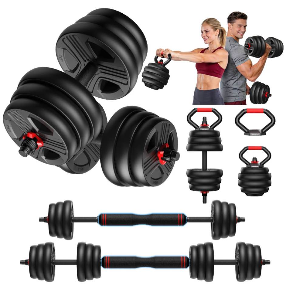 70lbs free weight set with connector  6 in1 dumbbells set used as barbell  kettlebells  push up stand  fitness exercises for home gym suitable men/women
