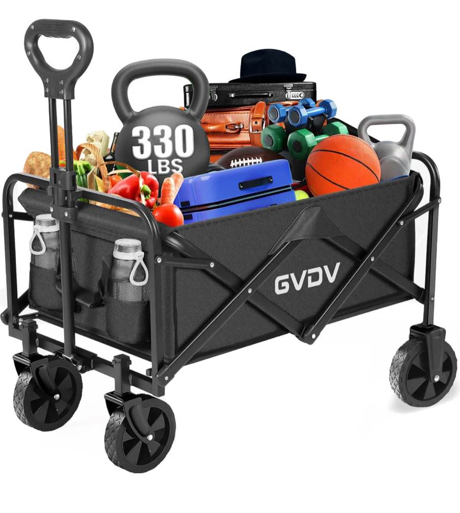 gvdv collapsible wagon cart, portable utility wagon for camping, beach, picnic, shopping, sports, and grocery transport, black