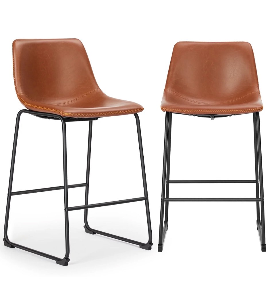 edx counter height bar stools set of 2 with back and footrest, metal frame, 26 inch, brown