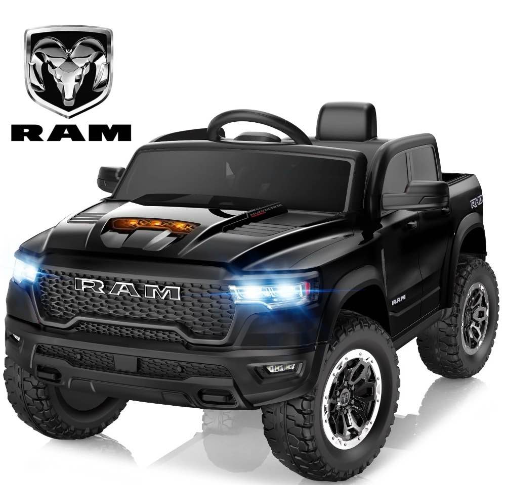 ram 1500 ride on car toy for kids, 12v powered ride on truck toy with remote control, 4 wheel suspension, safety belt, music, bluetooth, led lights, electric cars for 3-5 yrs boy girl, black