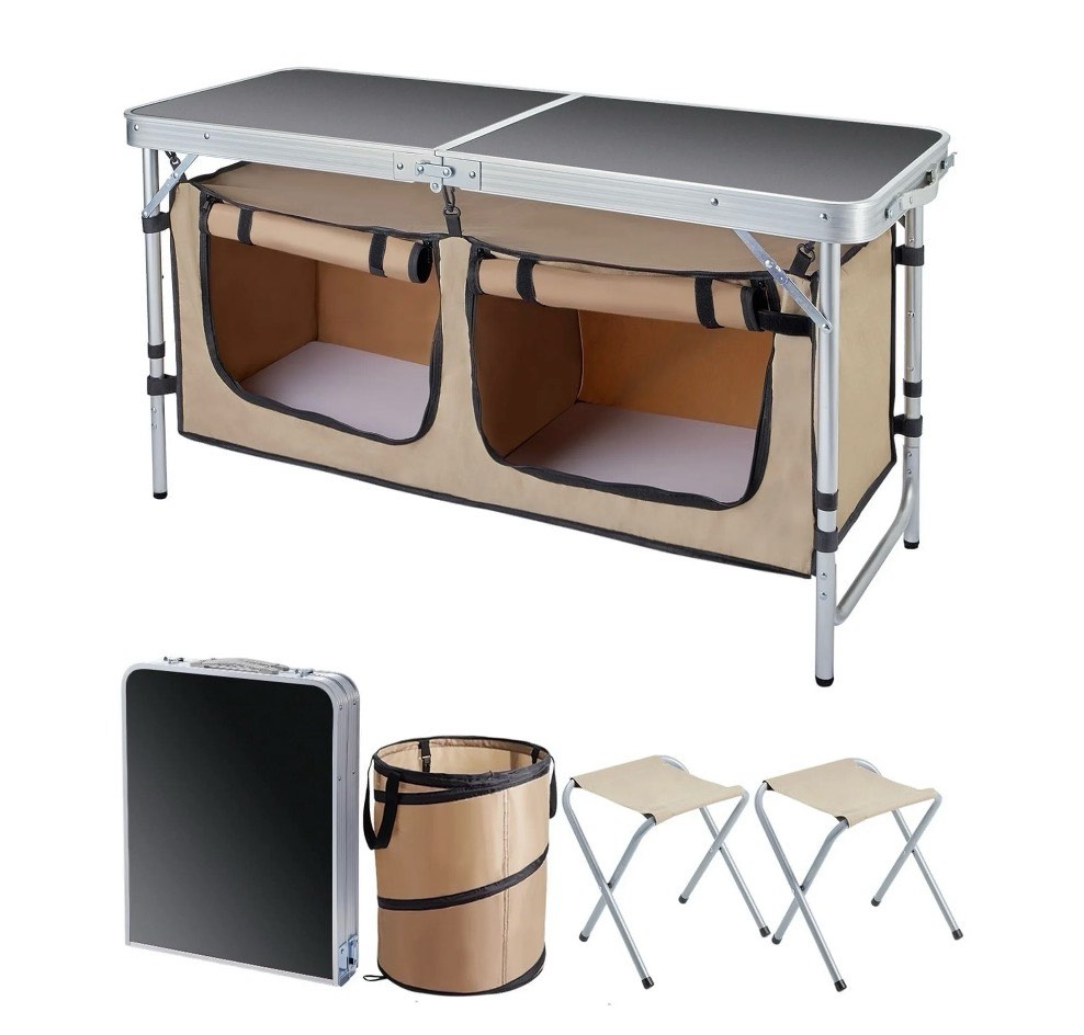 vecukty portable camping table set - aluminum kitchen station w/ storage, adjustable feet & trash can, brown