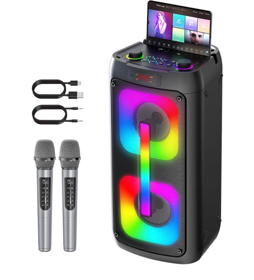 karaoke machine for adults  bluetooth speaker with 2 wireless microphones  portable pa system with dicso lights for big pary  stage subwoofers  outdoor  ideal gifts for family  music lover