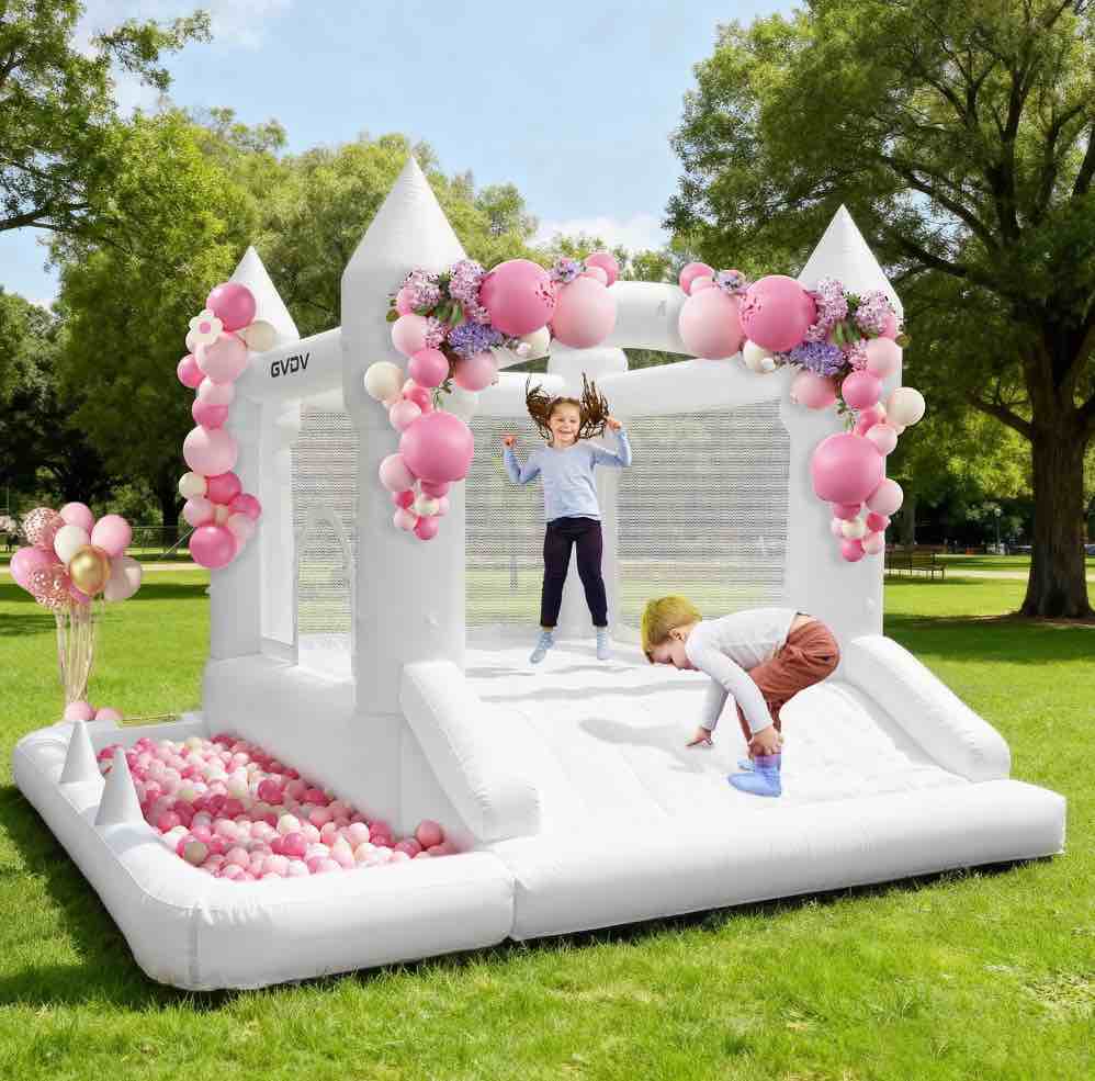 GVDV 9FT Inflatable Bounce House with Slide & 350W Blower, White Jumping Castle for Kids 3–12, Indoor & Outdoor Wedding or Party Fun