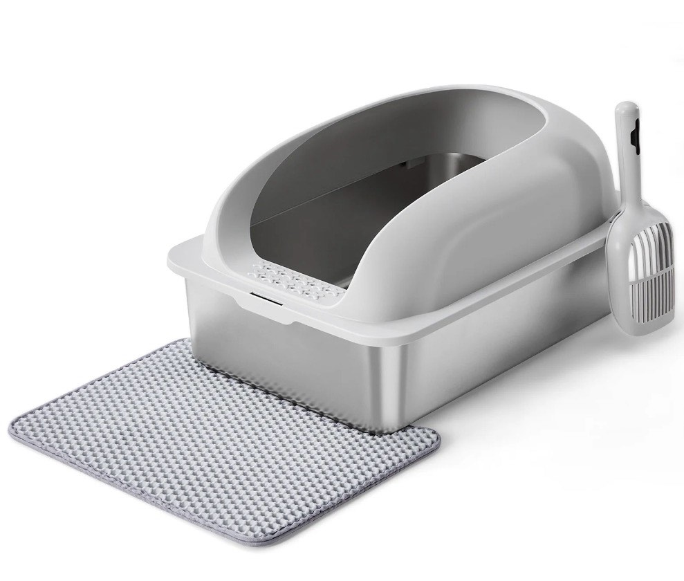 CONCETTA 24in Stainless Steel Cat Litter Box with Lid, Large Cat Litter Box for Cats, High Wall Sides, Anti-Urine Leakage, Easy Cleaning, Scoop and Mat Included, Light Grey